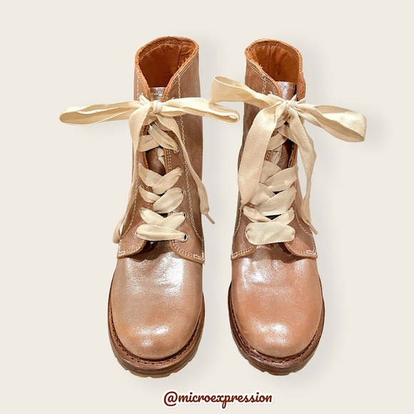 Frye Sabrina 6G GLAM Metallic Glittery Tan Combat Block Heel Lace Up Ankle Boot - Picture 10 of 16